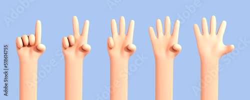 Vector cartoon hand counting from one to five isolated on blue background. Set of palms with raised fingers.Cartoon set of counting hands. Hands gesture numbers..