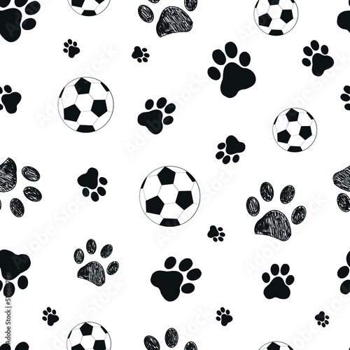 Football and racket paw prints seamless fabric design pattern