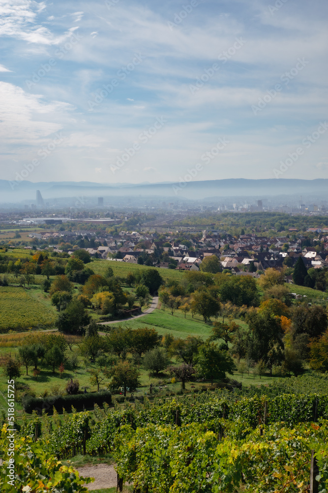 View of German village of Halting and city of Basel, Switzerland in distance