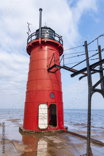 South Haven Pier Lighthouse, elevated walkway and breakwater, South Haven, Michigan
