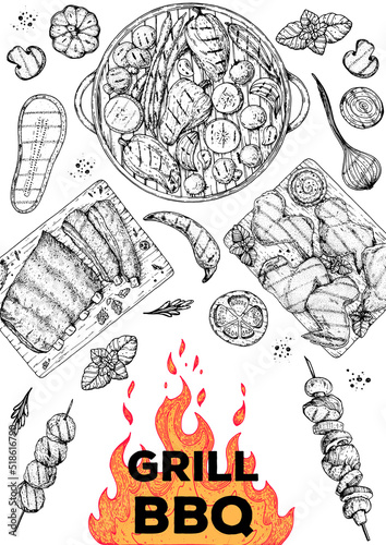 Grilled meat and vegetables frame. Barbecue dishes hand-drawn. Bbq grill food sketch. Vector illustration. Engraved design.