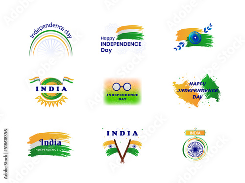 Happy independence day 15 august indian freedom day celebration emblem, logo and badges set.
