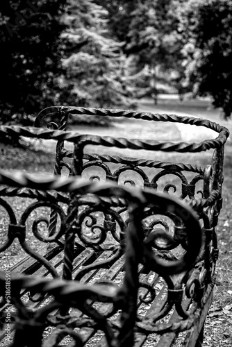 Grayscale of hand-forged garden bench Queen Victoria Osborne House, East Cowes, Isle of Wight photo