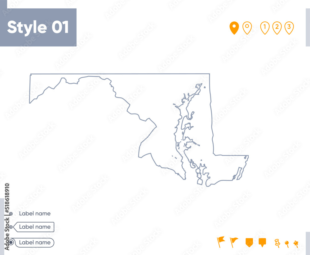 Fototapeta premium Maryland, USA - stroke map isolated on white background. Outline map. Vector map