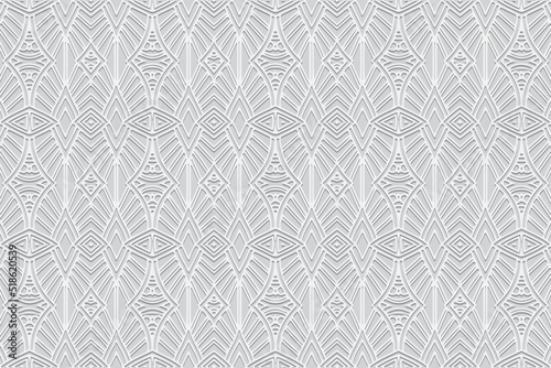 Embossed black background, ethnic cover design. Geometric elegant 3D pattern, arabesques. Tribal topical ornaments of the East, Asia, India, Mexico, Aztecs, Peru.