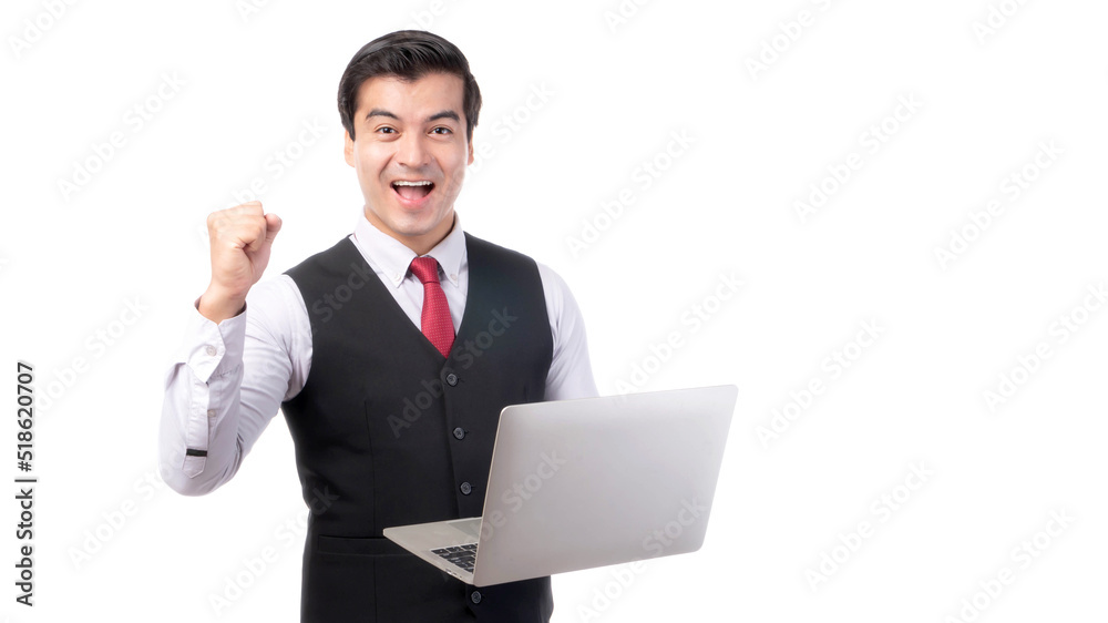 Business man wear a business suit using laptop computer isolated on white background with copy space - lifestyle business people concept Business man wear a business suit using laptop computer isolated on white background with copy space - lifestyle business people concept