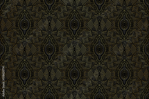 Embossed black background, ethnic cover design. Geometric vintage golden 3D pattern, arabesques. Tribal topical ornaments of the East, Asia, India, Mexico, Aztecs, Peru.