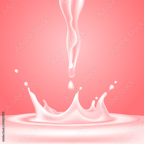 3D vector realistic illustration set, strawberry milk splash and pour, realistic natural dairy products, yogurt or cream splatter drops, isolated on pink background. Print, template, design element