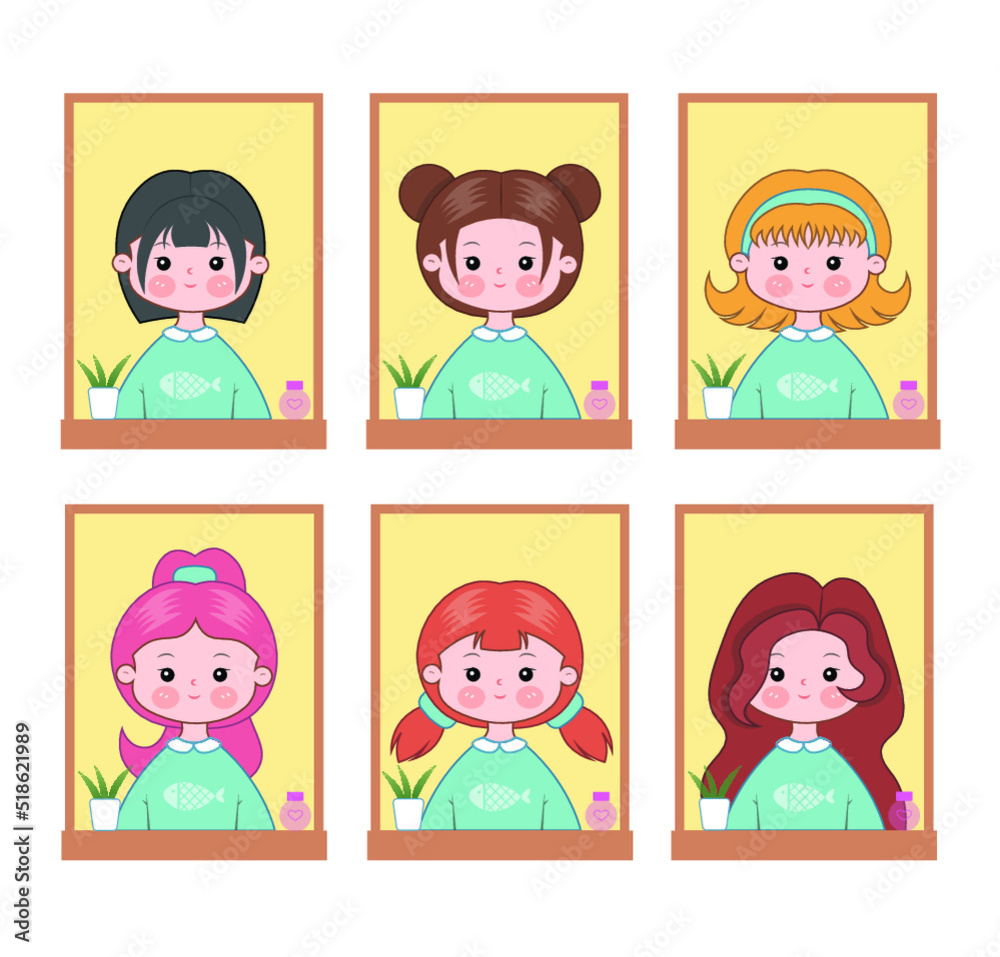 Girl with 6 different hairstyles. Various of hair vector illustration collection. Cute little girl in front of mirror. Short and long hairstyles. Black, pink, ginger, brown and blonde hair colors set. Girl with 6 different hairstyles. Various of hair vector illustration collection. Cute little girl in front of mirror. Short and long hairstyles. Black, pink, ginger, brown and blonde hair colors set.