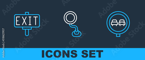 Set line No overtaking road traffic, Fire exit and Road sign icon. Vector