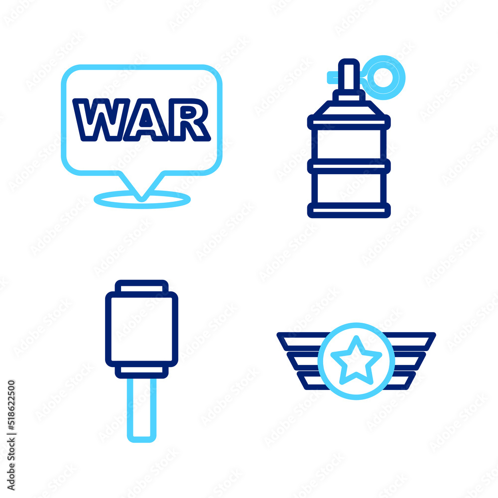 Set line Star American military, Anti-tank hand grenade, Hand smoke and The word war icon. Vector