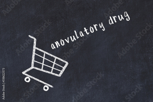 Chalk drawing of shopping cart and word anovulatory drug on black chalboard. Concept of globalization and mass consuming photo