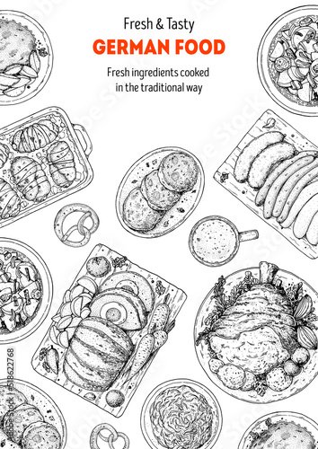German food frame. Bierhaus menu. German cuisine. Sketch style. Menu design template. Hand drawn vector illustration. Food and drink sketch. Black and white. Engraved style
