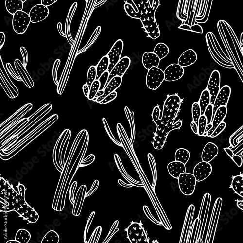 Mexican cactus seamless pattern. Desert plant, cacti flower and tropical home plants or garden cactuses and succulent. Flora isolated vector. Illustration in line art style. Dark background