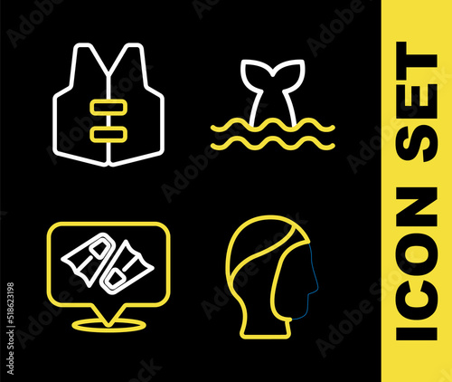 Set line Whale tail, Diving hood, Flippers for swimming and Life jacket icon. Vector