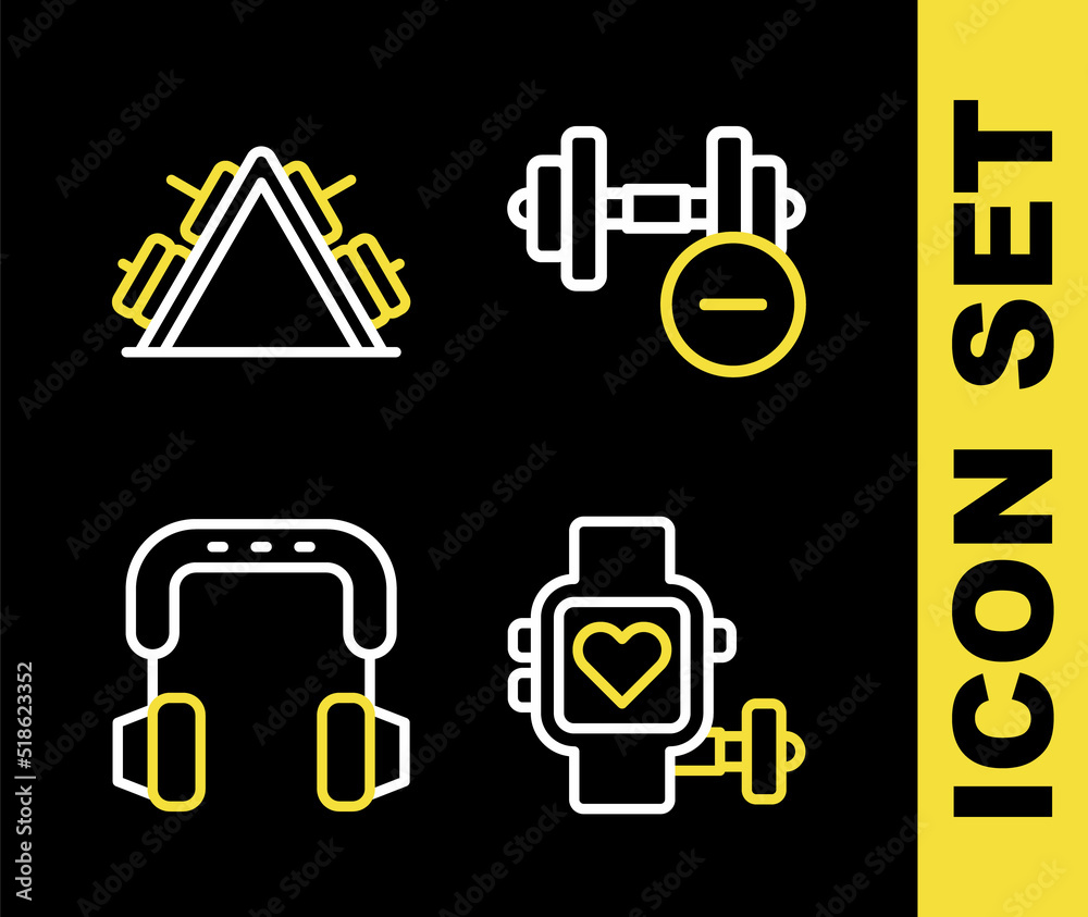 Set line Dumbbell, Smart watch with heart, Headphones and Metal rack weight icon. Vector Set line Dumbbell, Smart watch with heart, Headphones and Metal rack weight icon. Vector