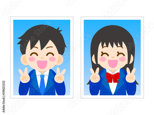 笑顔で証明写真を撮影した高校生のイラスト