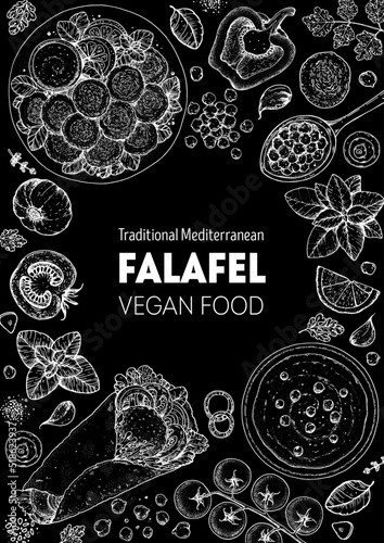 Falafel cooking and ingredients for falafel, sketch illustration. Middle eastern cuisine frame. Street food, design elements. Hand drawn, menu and package design. Vegan food.