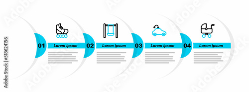 Set line Baby stroller, Radio controlled car toy, Swing and Roller skate icon. Vector