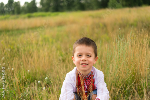 Portrait of a joyful boy in Ukrainian traditional national clothes - vyshyvanka on a green background. Ukraine, child in nature