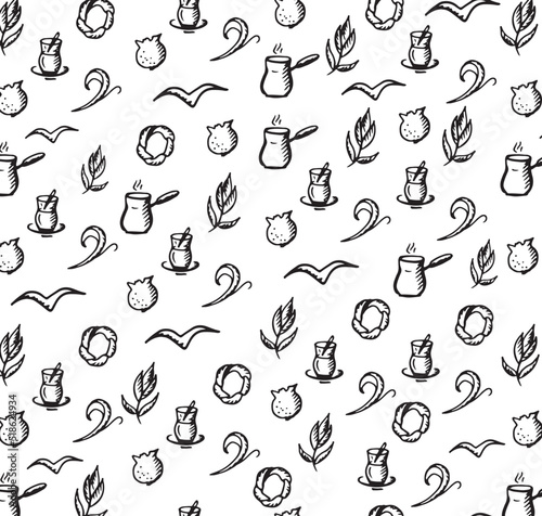 Turkish set pattern. Vector illustration. Black elements  turkish tea pomegranate coffee simit seagull leaves  cezve. Istanbul Turkey logo for emblem brochure banner sticker social media travel blog.