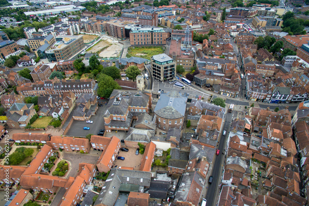 aerial view of historic city of York, medieval walled city in North Yorkshire England