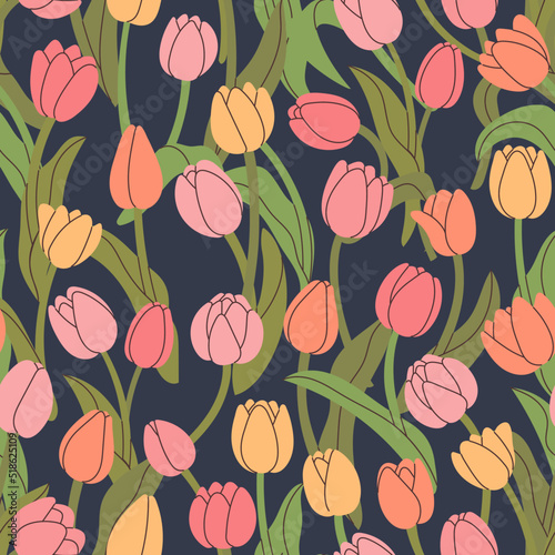 Seamless pattern with tulips. Hand drawn elements for your design. Can be used on packaging paper, fabric, background