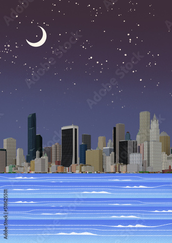 night city skyline with sea