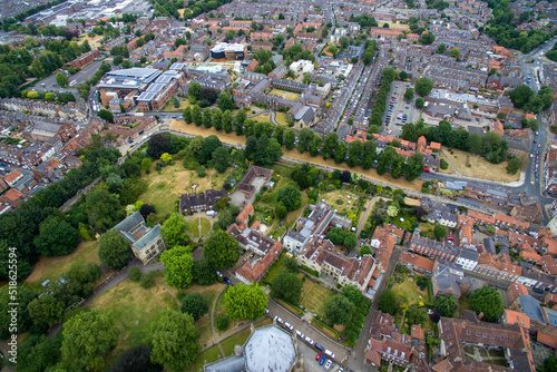 aerial view of historic city of York, medieval walled city in North Yorkshire England