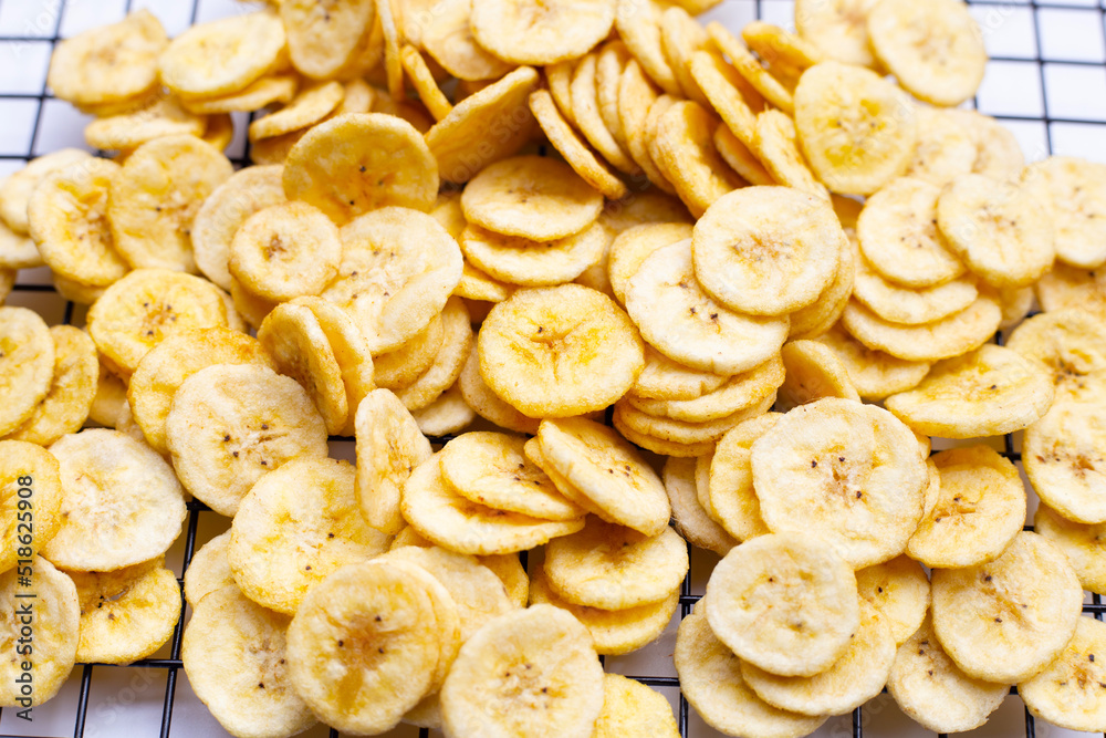 Banana slice chips on white background. Banana slice chips on white background.