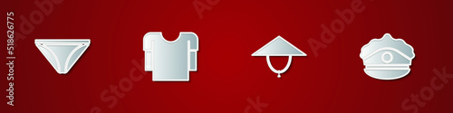 Set Men underpants, Long sleeve shirt, Asian conical hat and Police cap with cockade icon. Vector