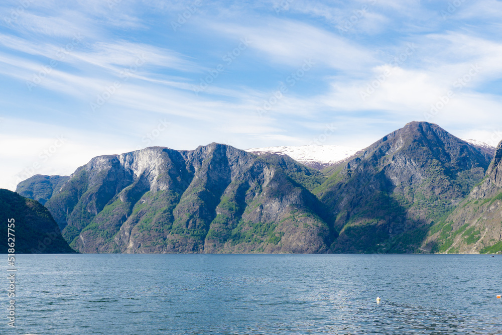 Impressive fjord Naeroyfjord as it passes through Aurland, Norway