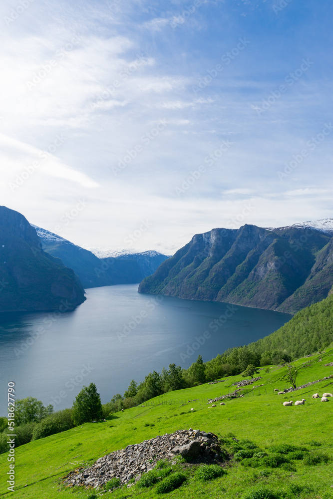 Beautiful fjord Naeroyfjord with high mountains and waterfalls, Norway