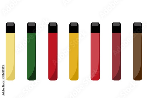 Flat vector illustration of electronic cigarette, different colours of a vape mods. Electronic cigarettes set. E-cigarette for vaping. Equipment for smoking. Disposable electronic cigarettes.