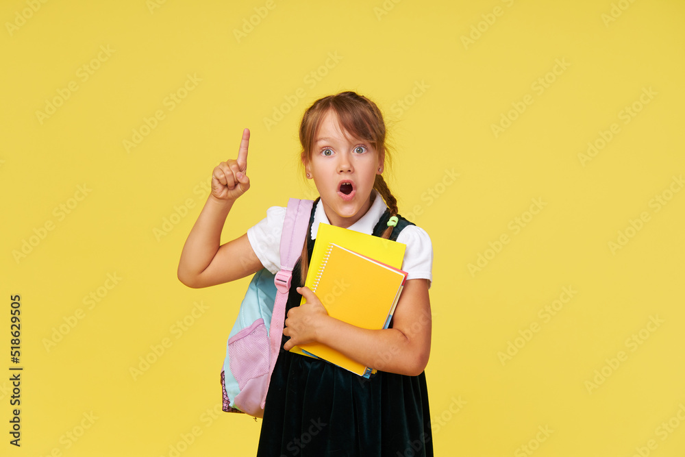 Portrait of a schoolgirl with textbooks and a backpack on a yellow background. Back to school Portrait of a schoolgirl with textbooks and a backpack on a yellow background. Back to school
