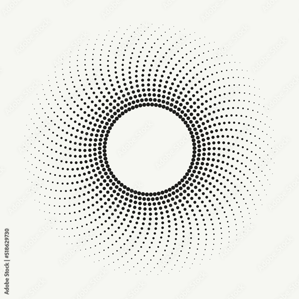 Halftone design element. Abstract background. Dotted round logo. Halftone swirl object. Halftone dots circle texture, pattern, object. Vector art illustration.