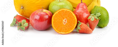 Fruits isolated on white background. Wide photo.