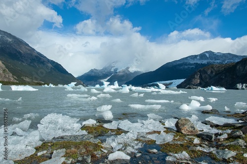 Iceberg pieces in the lake at Onelli Bay, Patagonia, Argentina photo