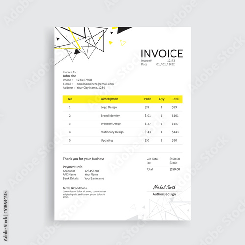 Yellow Color Modern Invoice Design Template