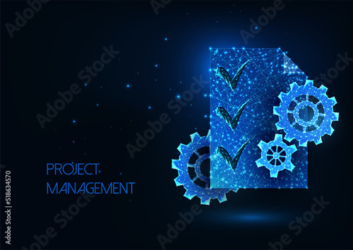 Project management concept with document and gears, cogwheels in futuristic glowing style on blue