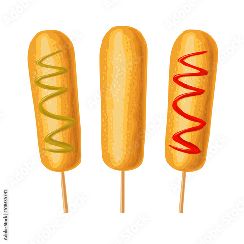 Corndogs with ketchup and mayo. Vector flat illustration isolated