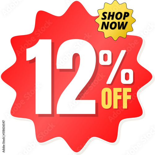12% percent off(offer), shop now, red and yellow 3D super discount sticker, sale. vector illustration, Twelve