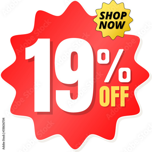 19% percent off(offer), shop now, red and yellow 3D super discount sticker, sale. vector illustration, Nineteen 