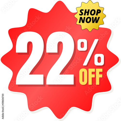 22% percent off(offer), shop now, red and yellow 3D super discount sticker, sale. vector illustration, Twenty two