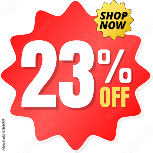 23% percent off(offer), shop now, red and yellow 3D super discount sticker, sale. vector illustration, Twenty three 