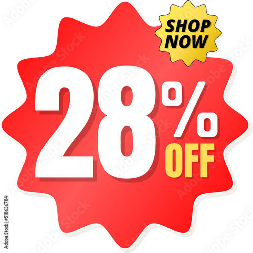 28% percent off(offer), shop now, red and yellow 3D super discount sticker, sale. vector illustration, twenty-eight 