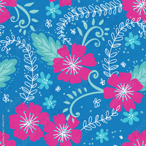 Fun seamless floral pattern in a bright, trendy color scheme. A tropical twist on a retro floral print.