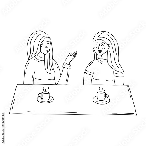 Two girls are talking in cafe over a cup of tea or coffee. Black and white vector isolated illustration hand drawn contour. Womens friendship, meeting