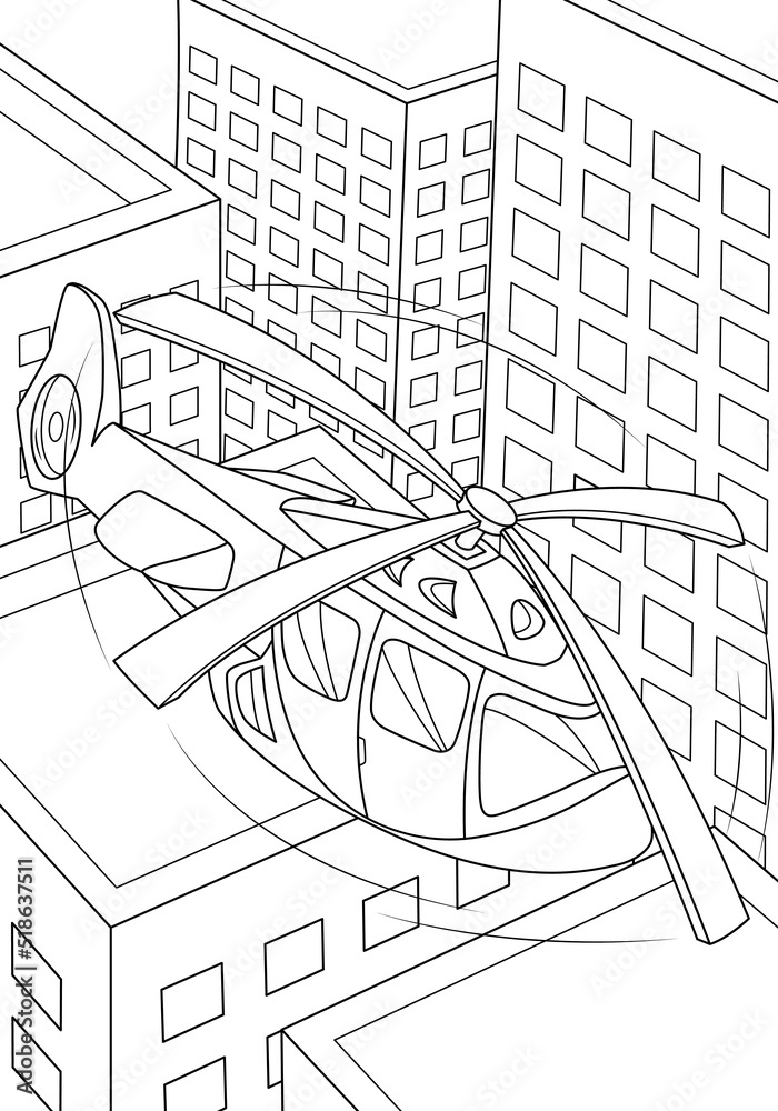 Fototapeta premium The helicopter is flying over the city. Funny coloring book for boys. Vector illustration