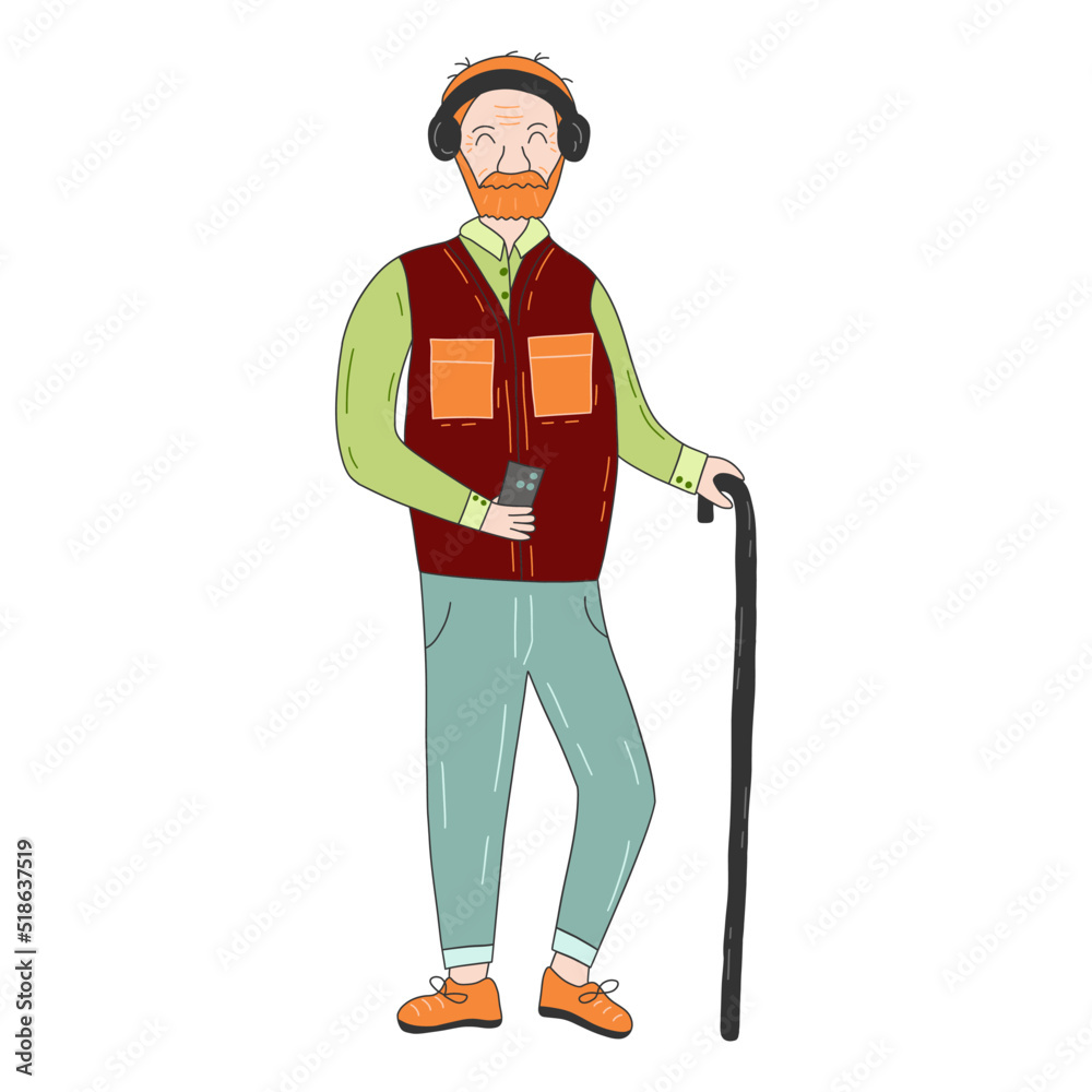 Grandfather with beard and cane holds a smartphone in his hands and listens to music in wireless headphones. Elderly people and technology. Colorful vector isolated illustration hand drawn Grandfather with beard and cane holds a smartphone in his hands and listens to music in wireless headphones. Elderly people and technology. Colorful vector isolated illustration hand drawn